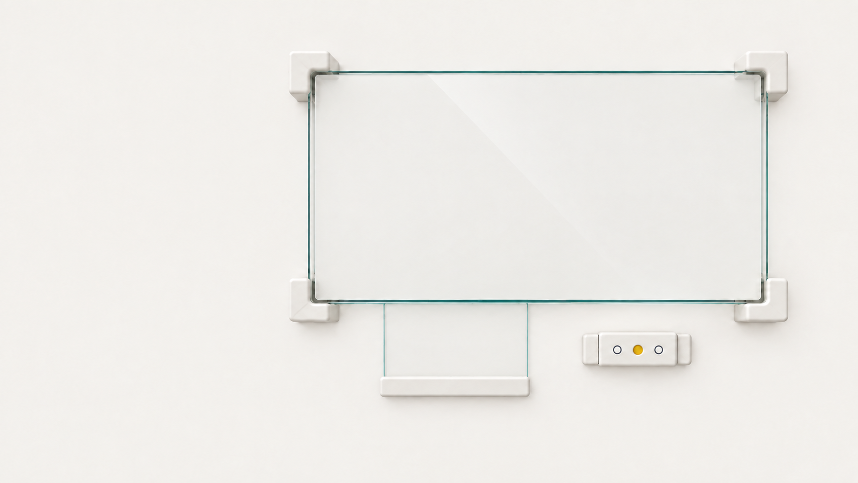 Cienka tafla szkła na czterech porcelanowych narożnikach, niżej mały panel na opis i trzy przyciski
